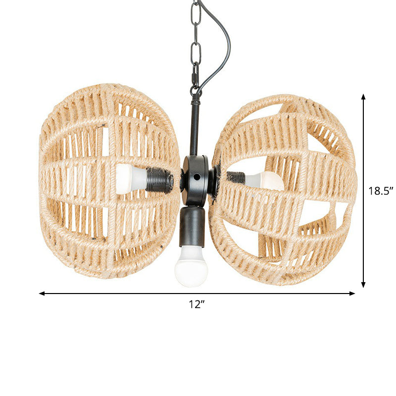 3 luces Doble Melon Suspension Pendse Farmhouse Lámpara de araña de cuerda marrón sobre la mesa