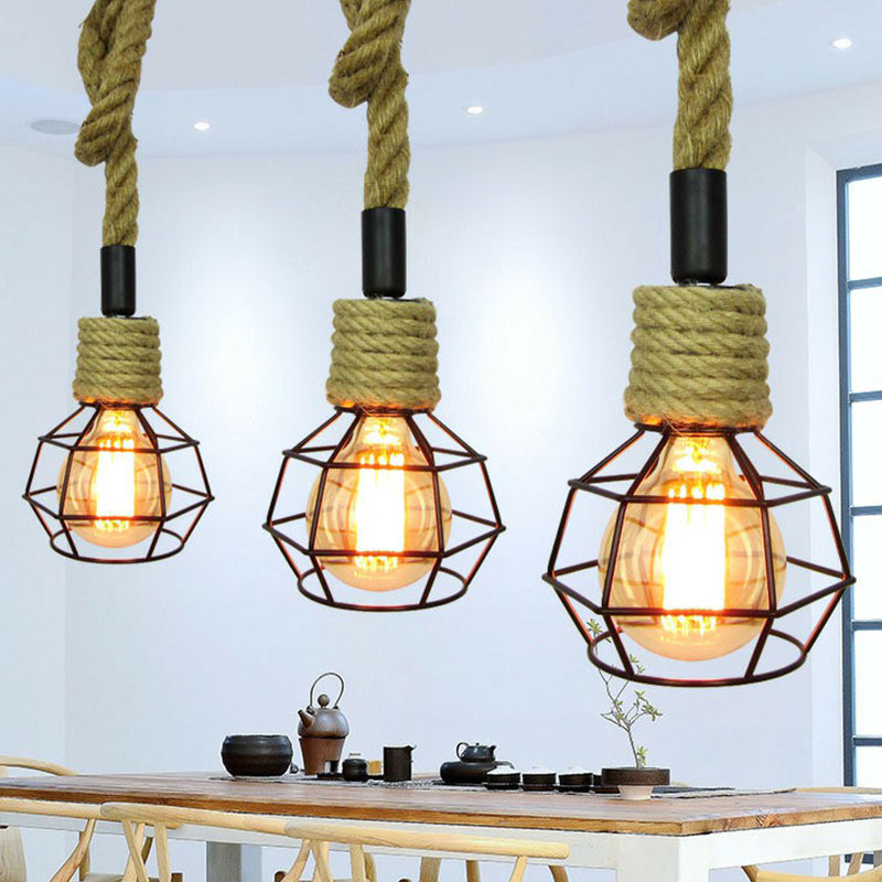 1-Head Pendulum Light Rural Wine Bar Mini Pendant Lamp with Ball Iron Cage and Rope Accent in Brown