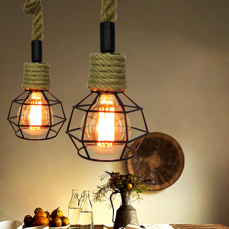 1-Head Pendulum Light Rural Wine Bar Mini Pendant Lamp with Ball Iron Cage and Rope Accent in Brown