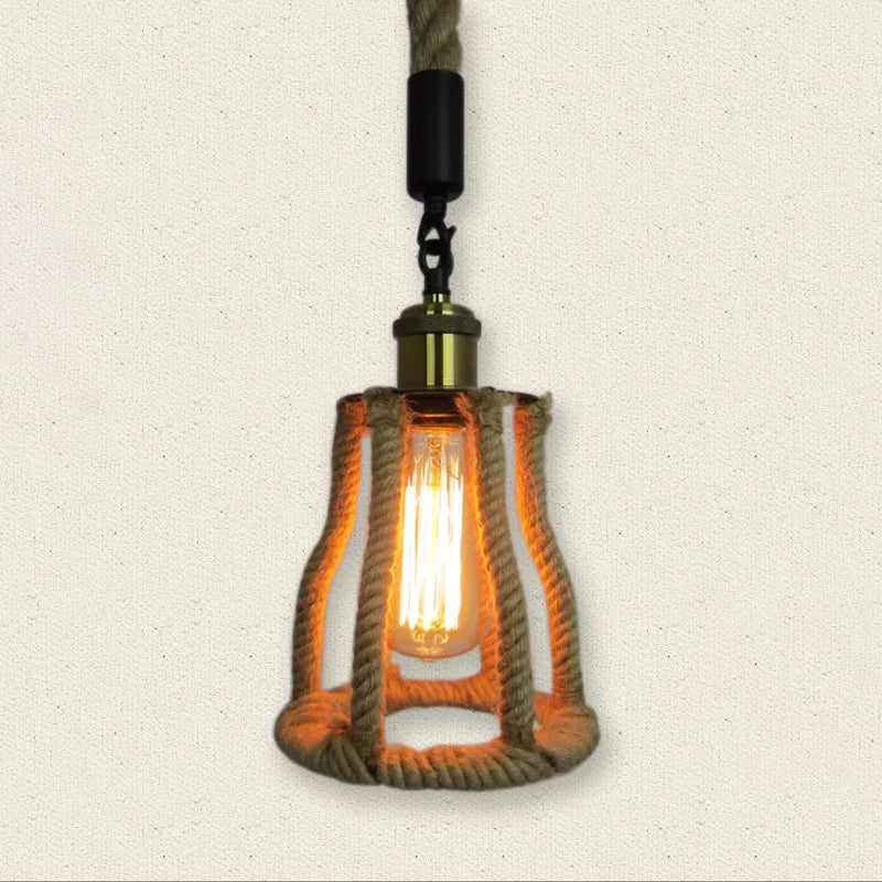 1-Bulb Natural Fiber Rope Pendant Rustic Brown Cage Sitting Room Suspension Lighting