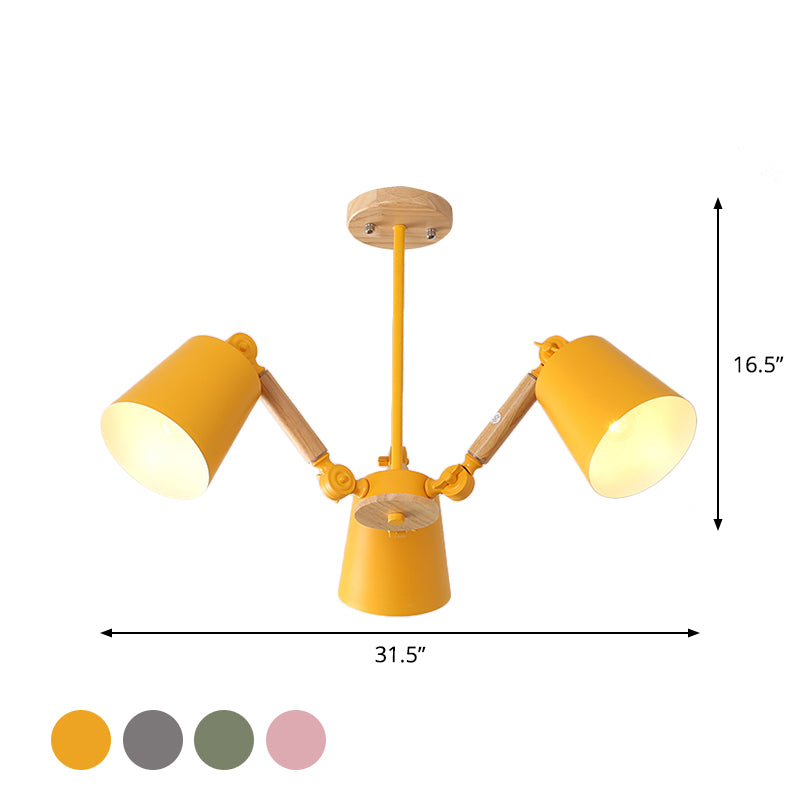 Bedroom Chandelier for Girls, Macaron Wood Ceiling Light with Bucket Shade and Adjustable Arm