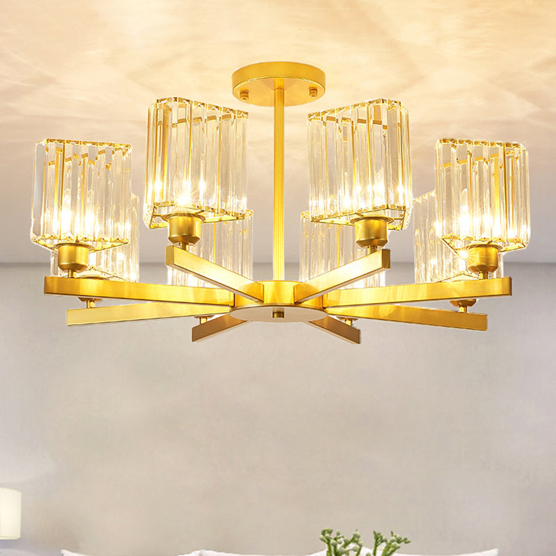 3/6/8 Lights Rectangle Semi Flush Lighting Contemporary Gold Crystal Semi-Flush Mount for Living Room