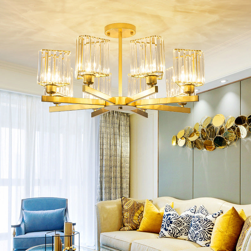 3/6/8 Lights Rectangle Semi Flush Lighting Contemporary Gold Crystal Semi-Flush Mount for Living Room