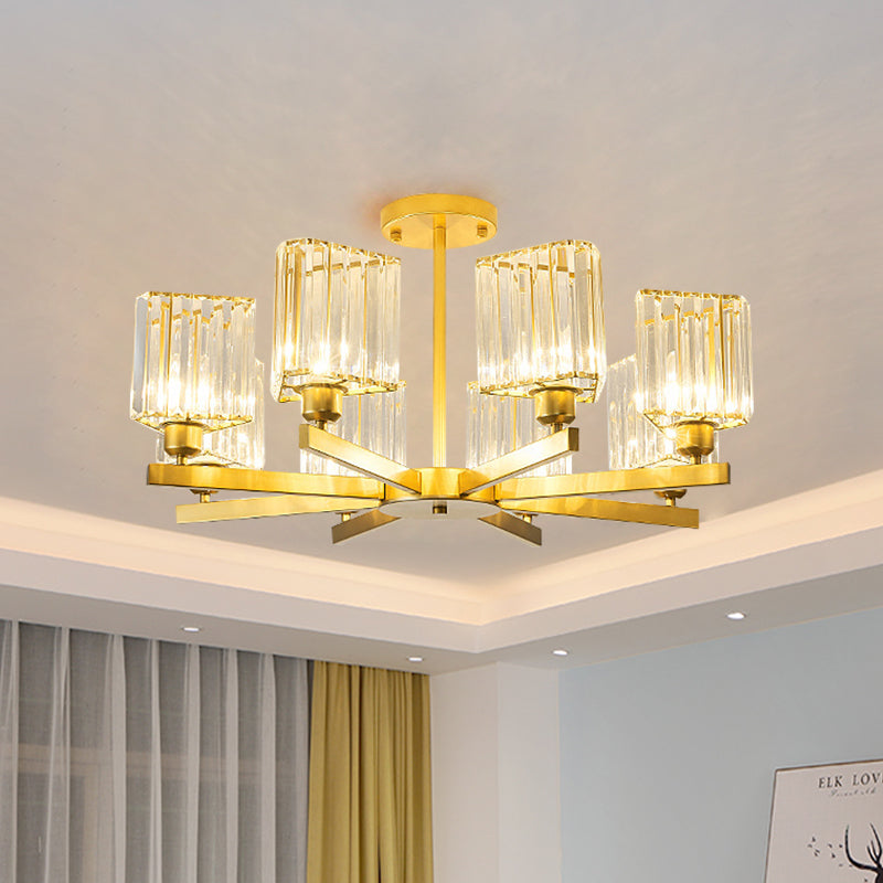 3/6/8 Lights Rectangle Semi Flush Lighting Contemporary Gold Crystal Semi-Flush Mount for Living Room