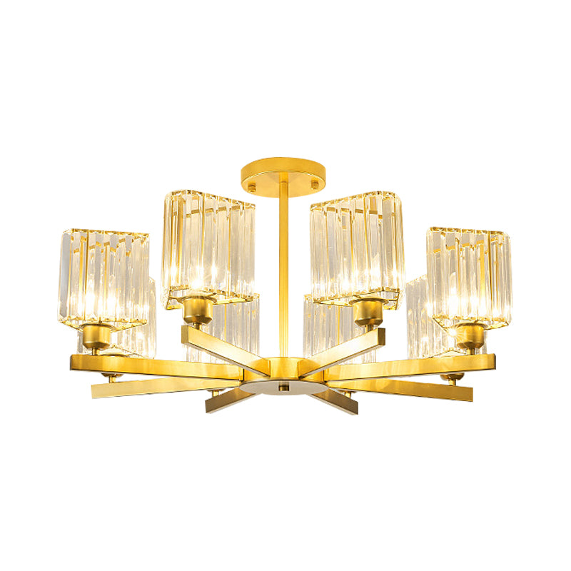 3/6/8 Lights Rectangle Semi Flush Lighting Contemporary Gold Crystal Semi-Flush Mount for Living Room