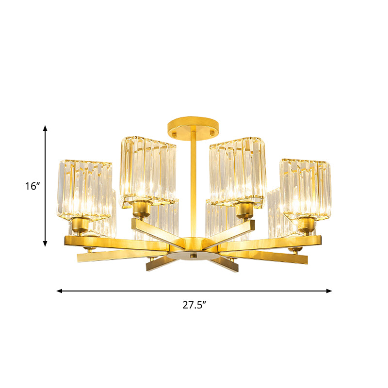 3/6/8 Lights Rectangle Semi Flush Lighting Contemporary Gold Crystal Semi-Flush Mount for Living Room