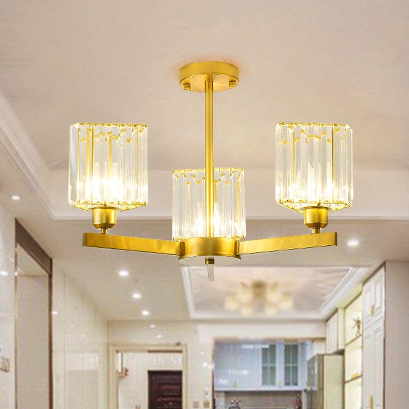 3/6/8 Lights Rectangle Semi Flush Lighting Contemporary Gold Crystal Semi-Flush Mount for Living Room