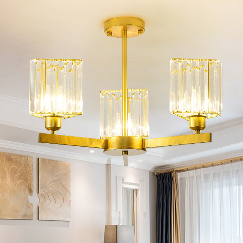 3/6/8 Lights Rectangle Semi Flush Lighting Contemporary Gold Crystal Semi-Flush Mount for Living Room