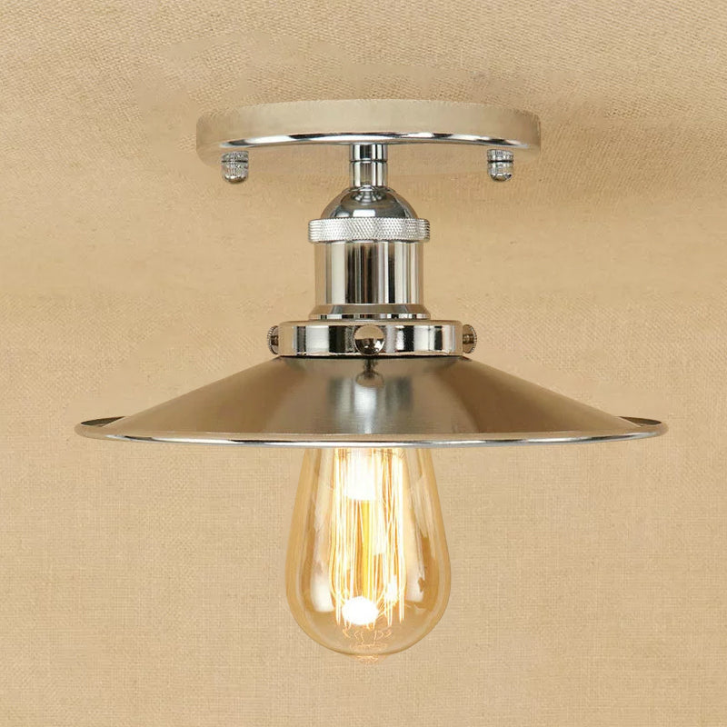 IJzeren Rust/Chrome/Black Semi Flush Wide Flared 1 Light Warehouse Style Flush Mount Plafing Light