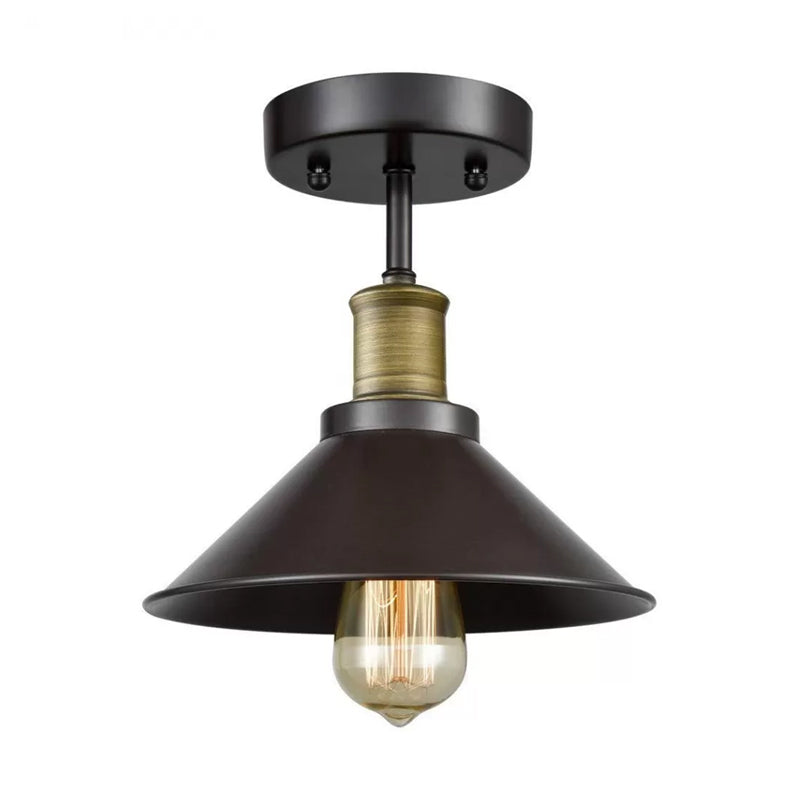 Black Conic Semi Flush Ceiling Light Factory Iron Single Bistro Flush Mounted Lamp