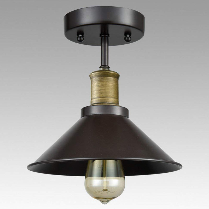 Black Conic Semi Flush Ceiling Light Factory Iron Single Bistro Flush Mounted Lamp