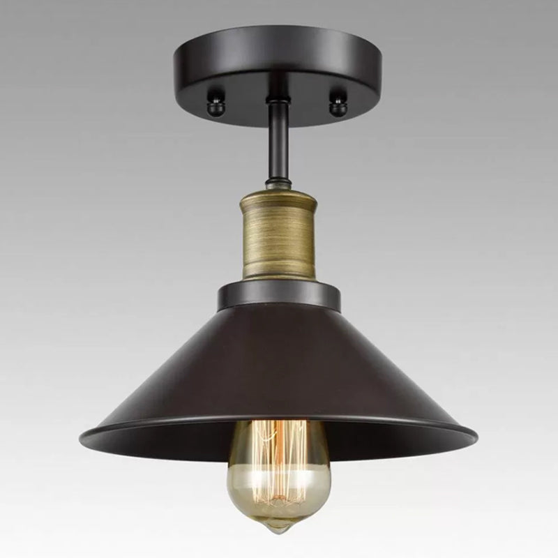 Black Conic Semi Flush Ceiling Light Factory Iron Single Bistro Flush Mounted Lamp