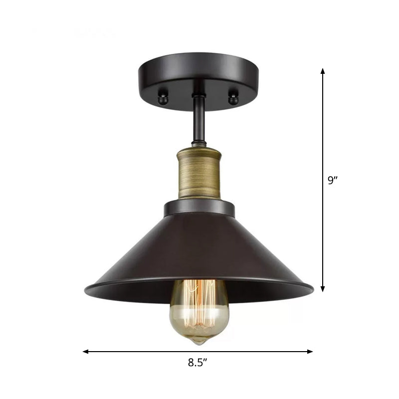 Black Conic Semi Flush Ceiling Light Factory Iron Single Bistro Flush Mounted Lamp