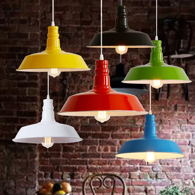 1 Head Rolled-Trim Barn Shade Pendant Lamp Industrial Red/Yellow/White Finish Hanging Light Kit