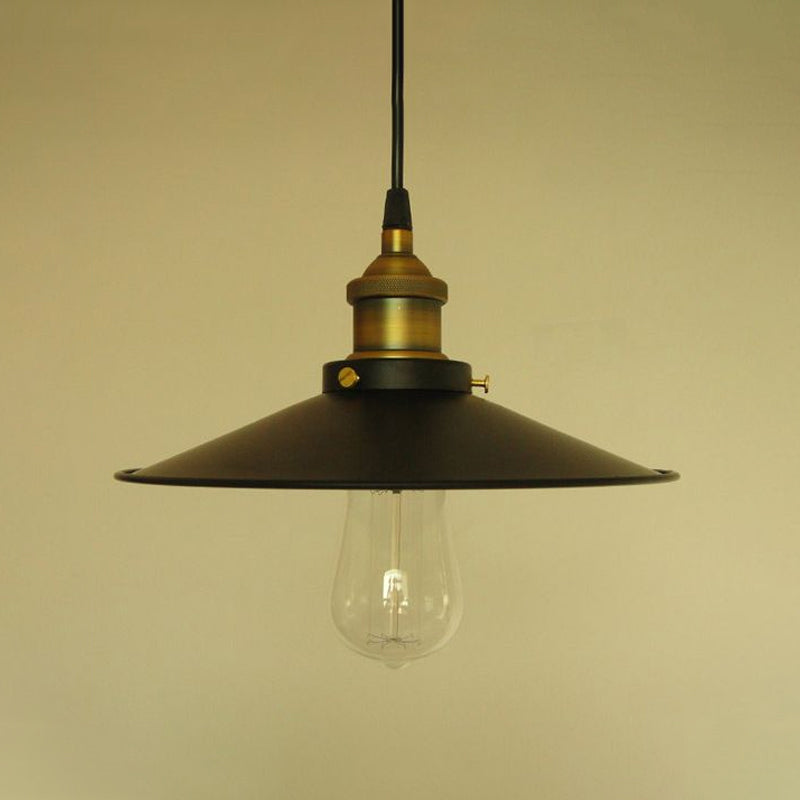 Factory Flying Saucer Ceiling Pendant 8.5"/12" Wide Single-Bulb Metal Hanging Lamp in Black