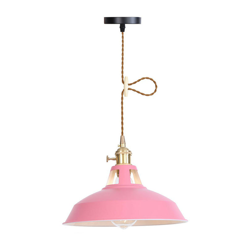 1 Bulb Ceiling Hang Lamp Nordic Kitchen Bar Pendant Light with Barn/Cone Iron Shade in Pink/Blue/Green