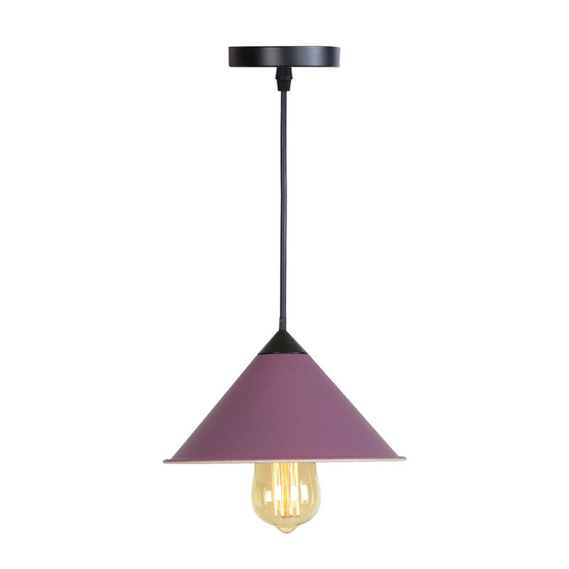 Conical Iron Drop Pendant Loft Style Single Dining Room Hanging Lamp with Rolled Edge in Pink/Blue/Grey