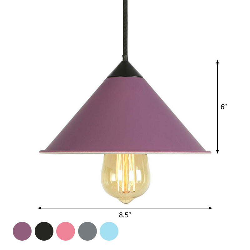 Conical Iron Drop Pendant Loft Style Single Dining Room Hanging Lamp with Rolled Edge in Pink/Blue/Grey