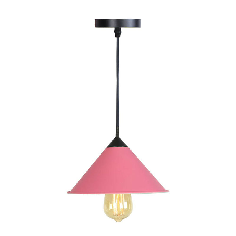 Conical Iron Drop Pendant Loft Style Single Dining Room Hanging Lamp with Rolled Edge in Pink/Blue/Grey