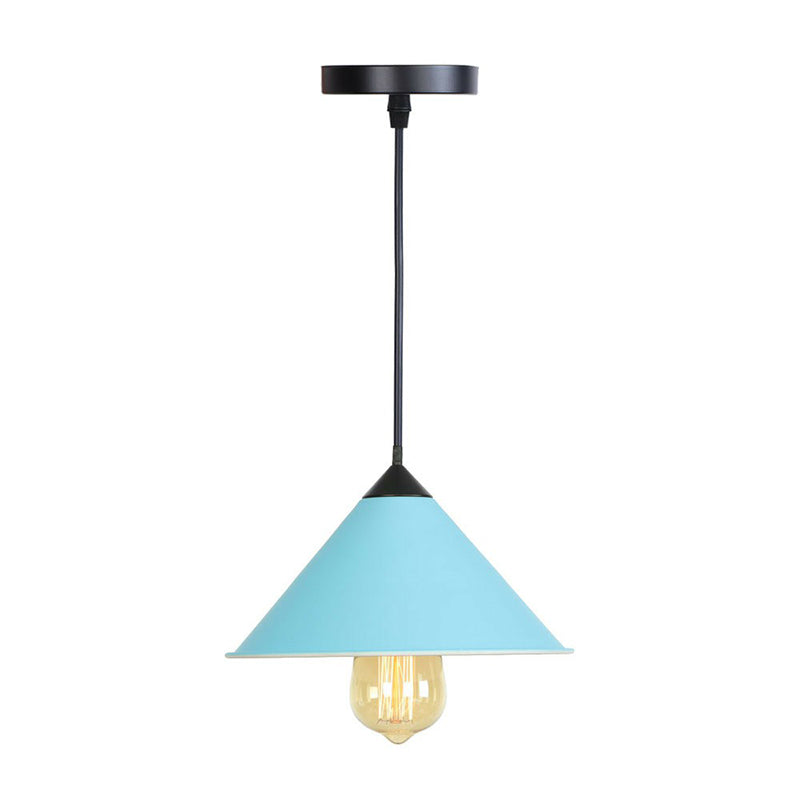 Conische ijzeren druppel hanger loftstijl enkele eetkamer hanglamp met opgerolde rand in roze/blauw/grijs