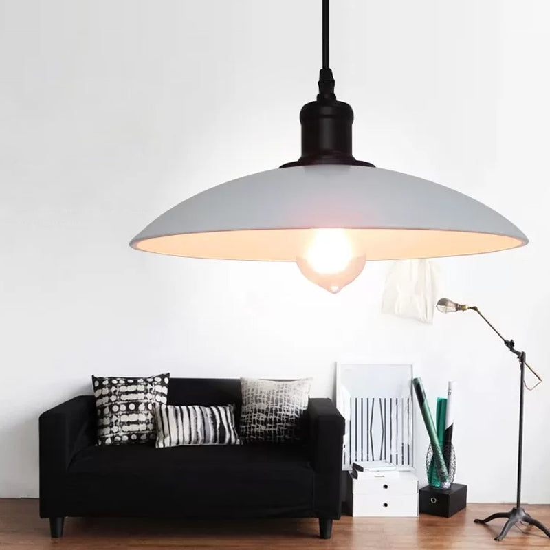 Metallic Shallow Bowl Shade Pendant Lamp Vintage Single-Bulb Living Room Ceiling Hang Light in Black/White