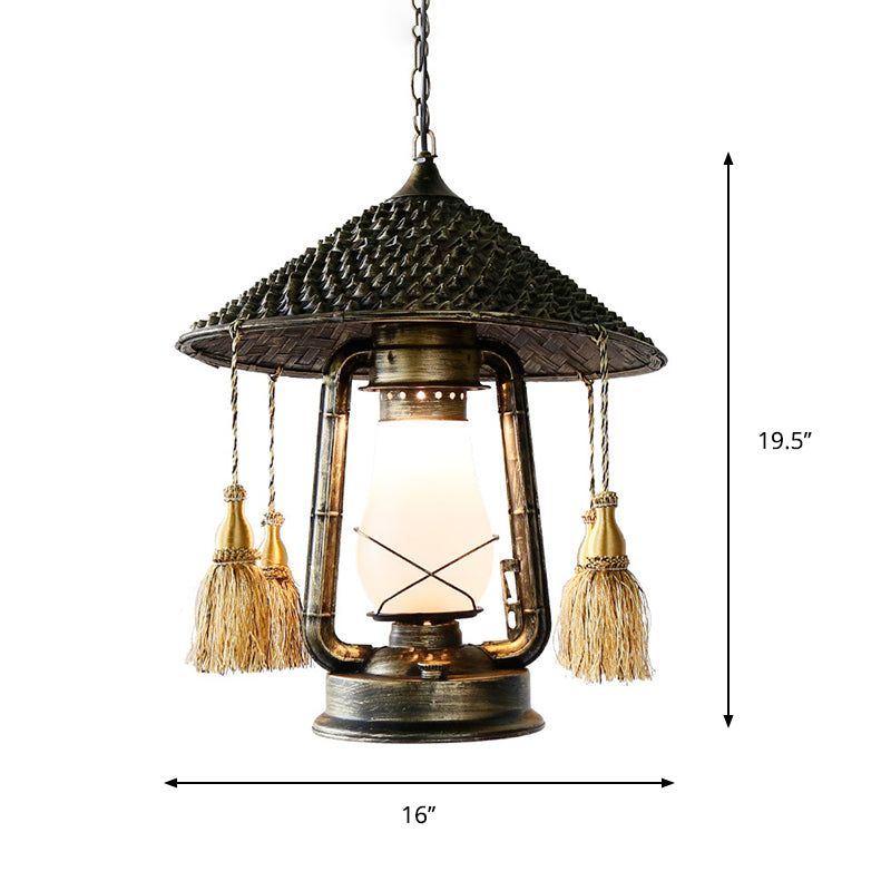 Bronze 1 Head Hanging Pendant Rural Cream Glass Kerosene Ceiling Suspension Lamp with Tassel Knot and Cone Top