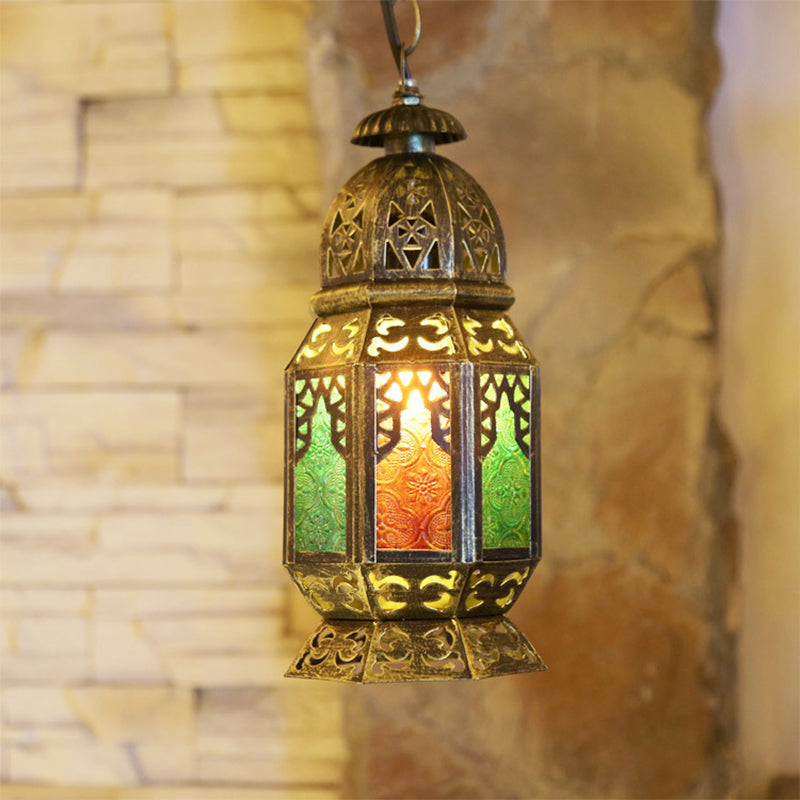 1 Head Stained Glass Down Lighting Bohemia Brass/Copper Lantern Bedside Pendant Ceiling Light