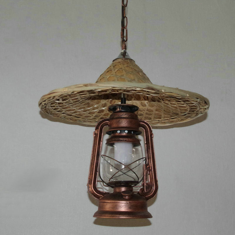 Black / Bronze / Copper Kérosène Pendant Verre transparent rustique 1 Plafond de tête Lumière avec coolie Hat déco