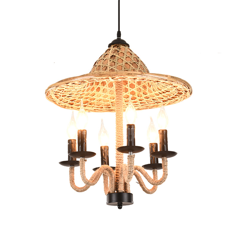 Candle Style Bistro Ceiling Chandelier Lodge Jute Rope 6/7 Bulbs Brown Hanging Lamp with Bamboo-Woven Hat Top