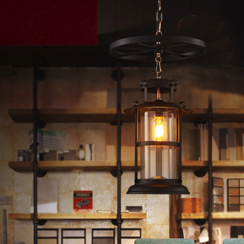 Cylindrical Cage Metal Pendant Lamp Industrial 1 Bulb Dining Room Ceiling Suspension Lamp with Wheel Decoration in Black