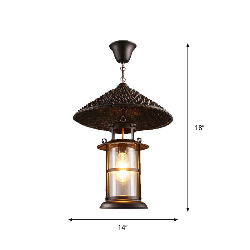 Black 1 Bulb Pendulum Light Rural Transparent Glass Cylinder Hanging Pendant with Pointy Hat Decoration