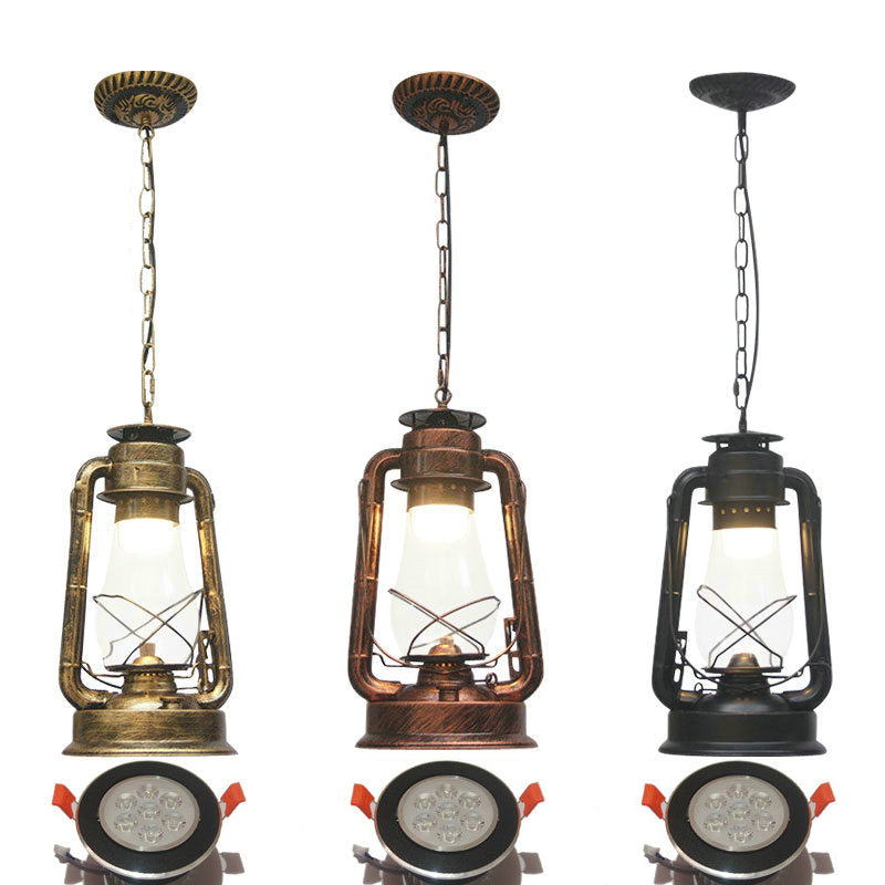 Clear/Frosted Glass Kerosene Pendant Light Rustic 1 Bulb Dining Room Ceiling Suspension Lamp in Bronze/Copper/Black