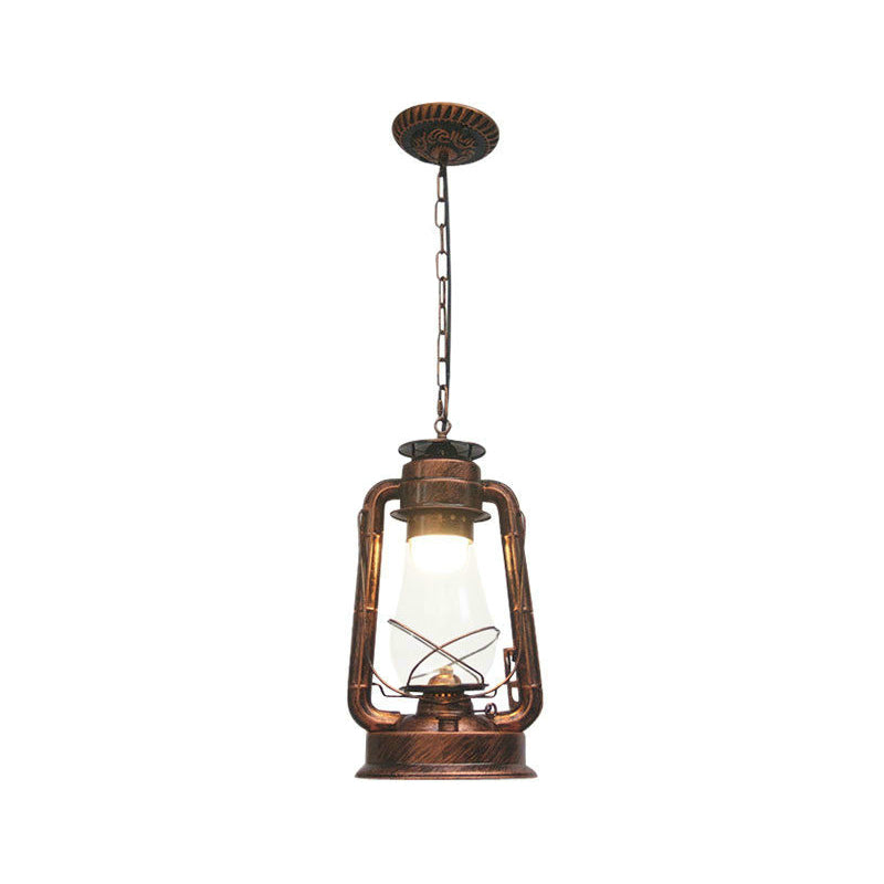 Clear/Frosted Glass Kerosene Pendant Light Rustic 1 Bulb Dining Room Ceiling Suspension Lamp in Bronze/Copper/Black