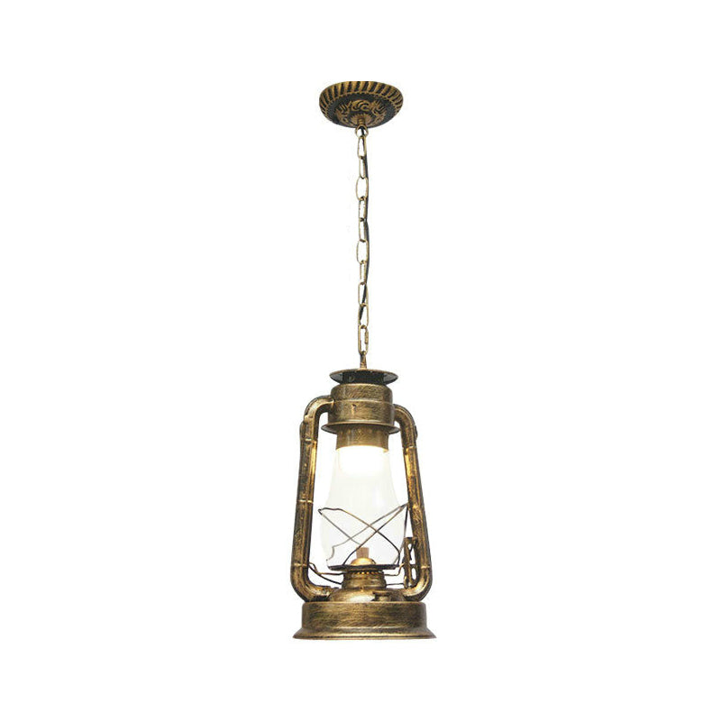 Clear/Frosted Glass Kerosene Pendant Light Rustic 1 Bulb Dining Room Ceiling Suspension Lamp in Bronze/Copper/Black