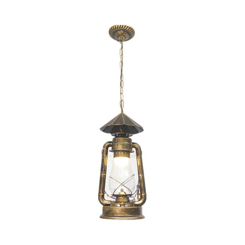 Clear/Frosted Glass Kerosene Pendant Light Rustic 1 Bulb Dining Room Ceiling Suspension Lamp in Bronze/Copper/Black