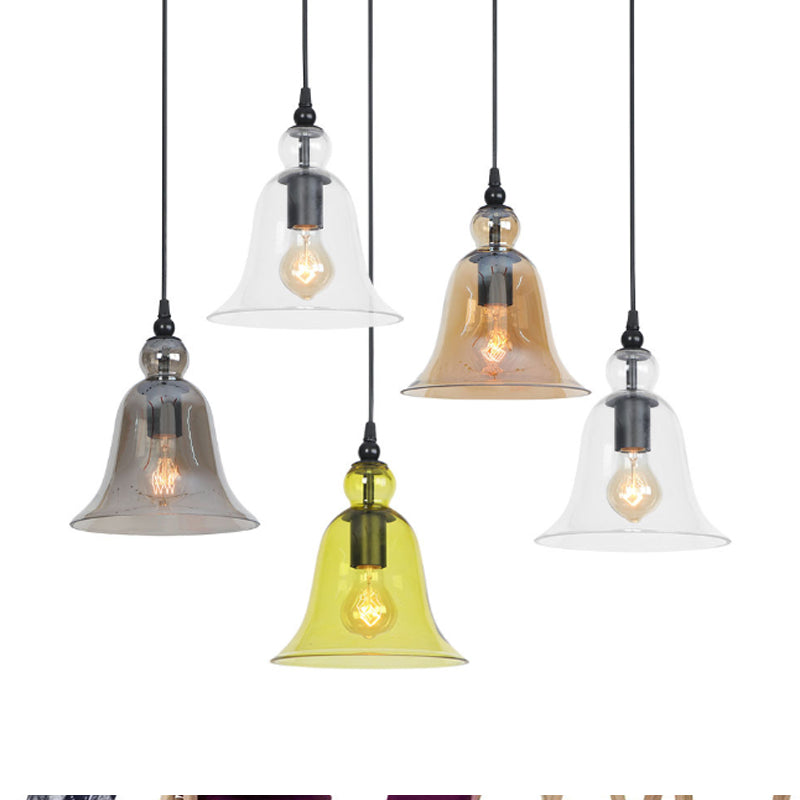 1-Light Bell Hanging Light Kit Industrial Black Smoke Grey/Amber/Clear Glass Height Adjustable Pendant Lamp