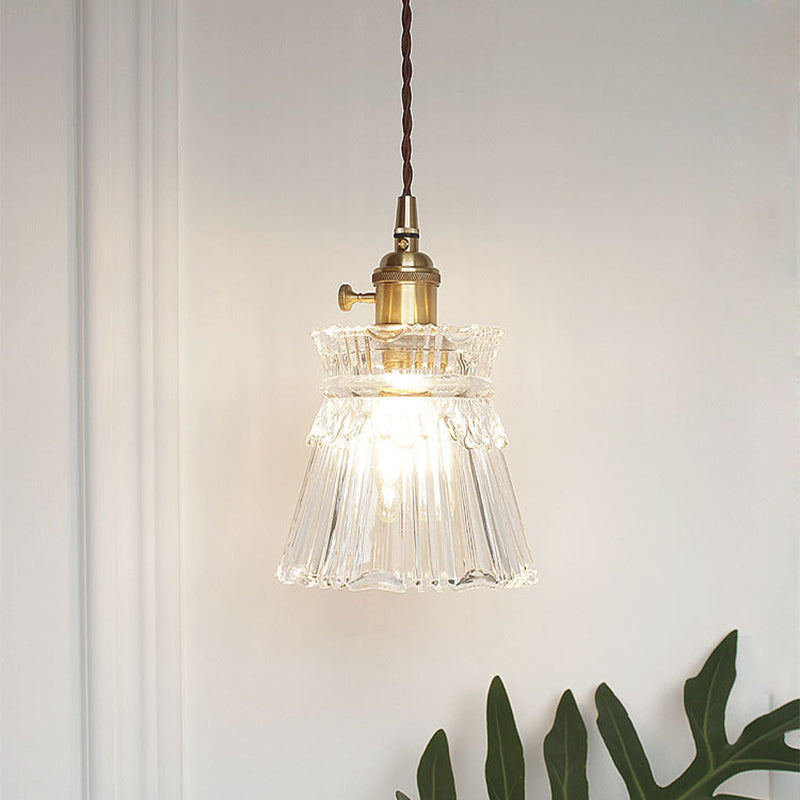 Brass Bowl/Flared Hanging Lamp Fixture Antique Clear Lattice/Grid Glass 1 Bulb Dining Room Ceiling Pendant Light