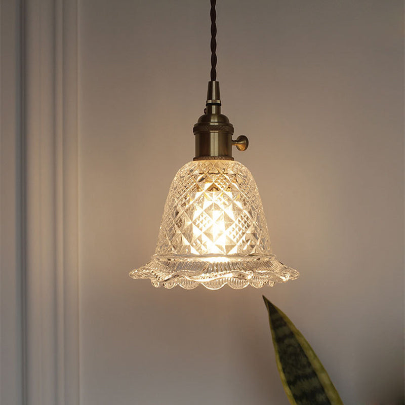 Brass Bowl/Flared Hanging Lamp Fixture Antique Clear Lattice/Grid Glass 1 Bulb Dining Room Ceiling Pendant Light