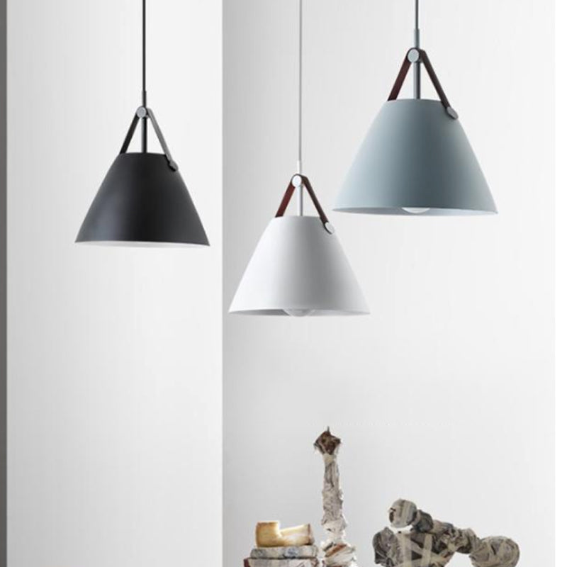 10.5"/14" W Nordic Single Ceiling Pendant Grey/White/Black Frustum Hanging Lamp with Metal Shade and Leather Strap