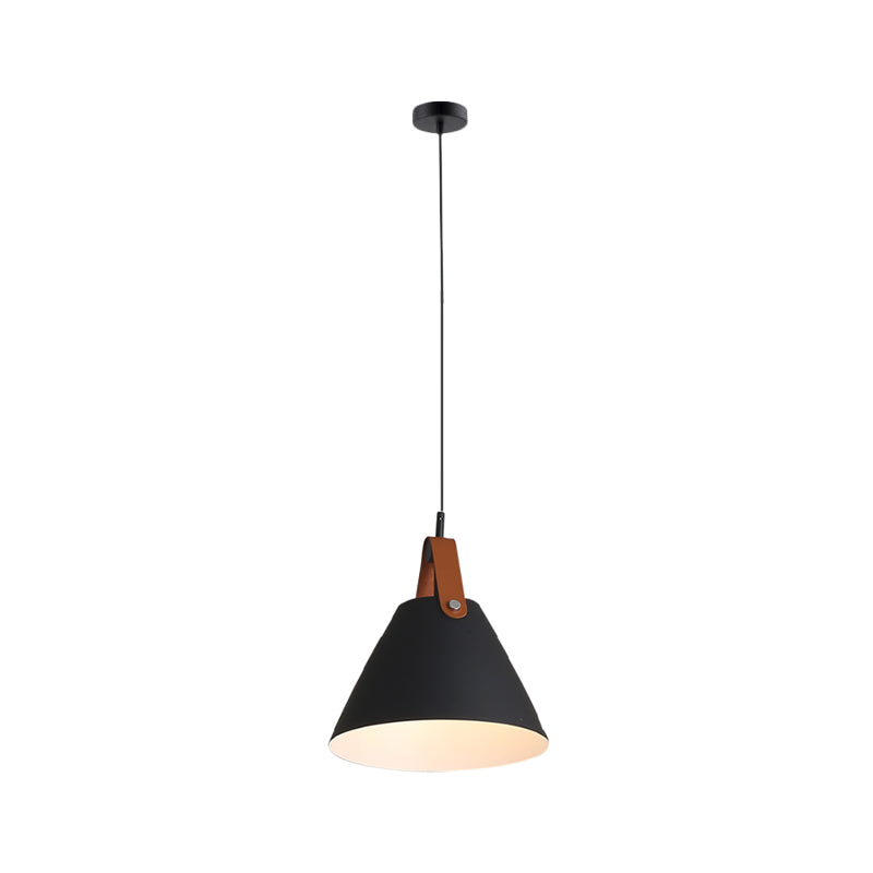 10.5"/14" W Nordic Single Ceiling Pendant Grey/White/Black Frustum Hanging Lamp with Metal Shade and Leather Strap