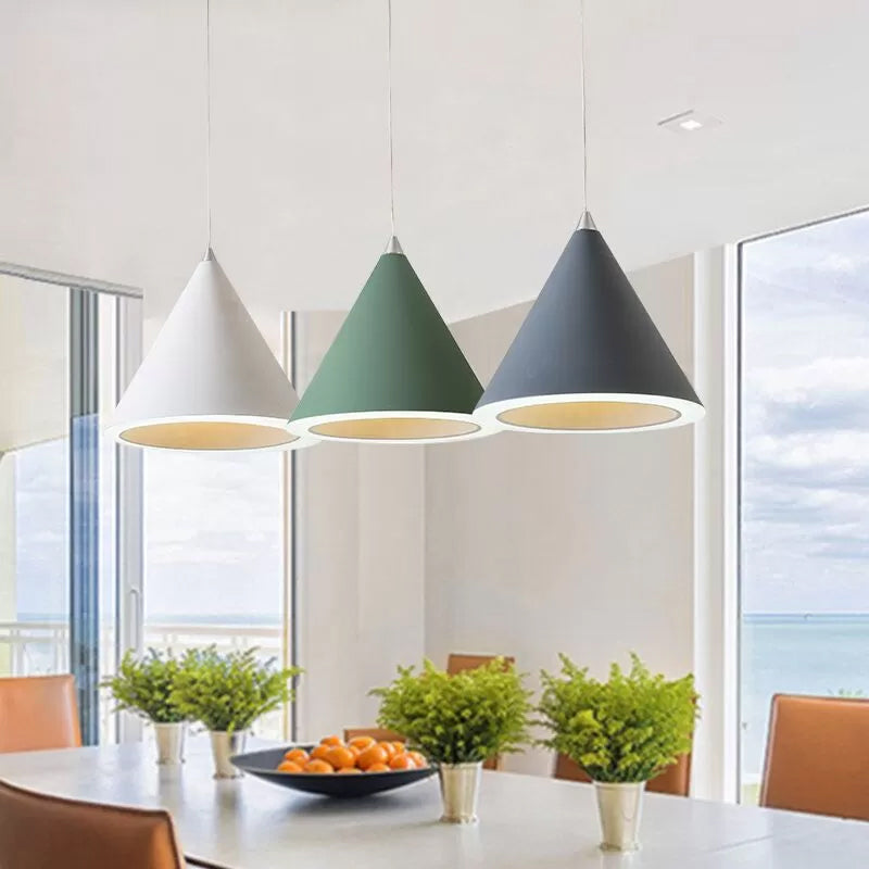 Macaron Cone LED Pendulum Light Aluminum Dining Table Ceiling Pendant Lamp in Grey/White/Pink