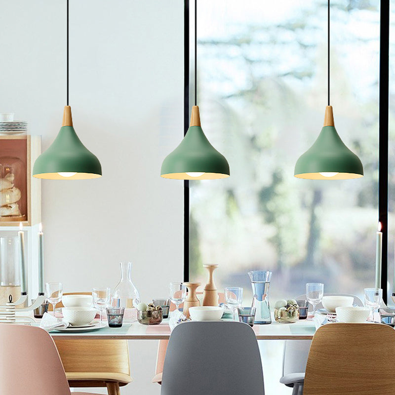 Onion Dining Room Ceiling Pendant Light Metal 1-Light Macaron Suspended Lighting Fixture in White/Pink/Green and Wood