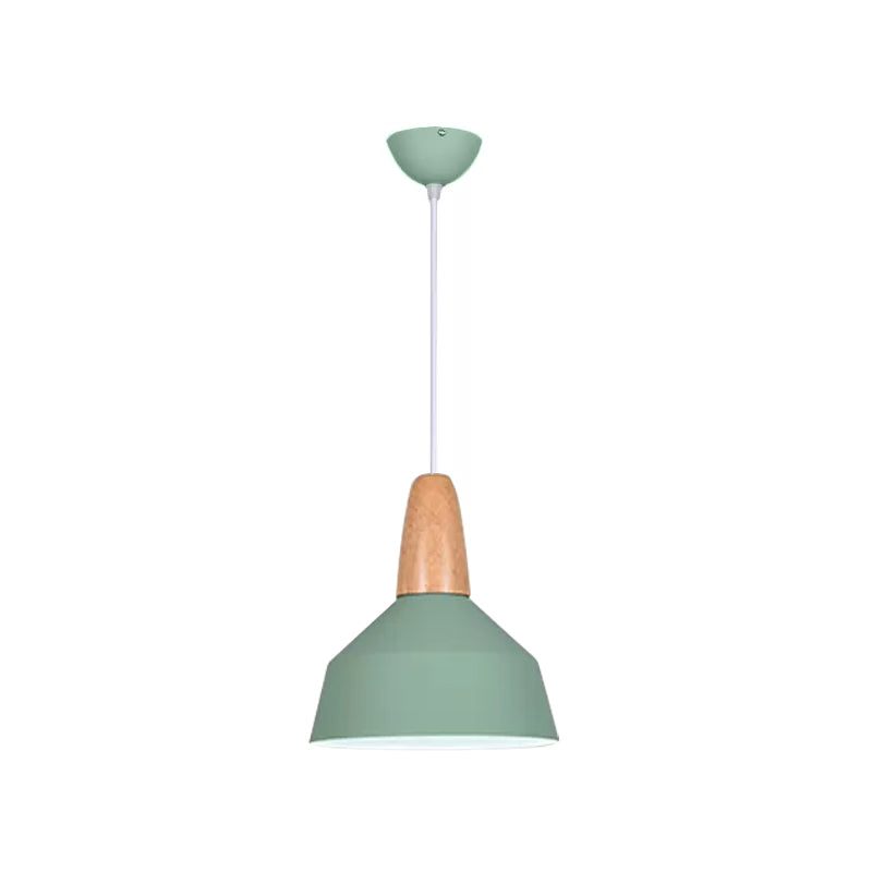 Barn Dining Room Pendant Lighting Aluminum 1 Bulb Macaron Ceiling Hang Lamp in Green/Grey/Pink with Wood Grip