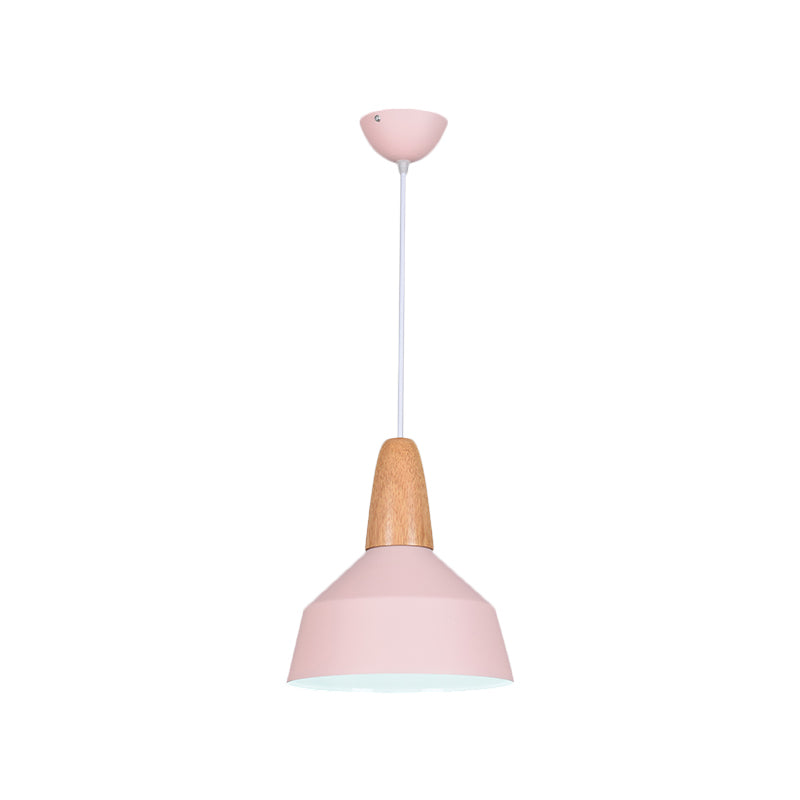 Barn Dining Room Pendant Lighting Aluminum 1 Bulb Macaron Ceiling Hang Lamp in Green/Grey/Pink with Wood Grip