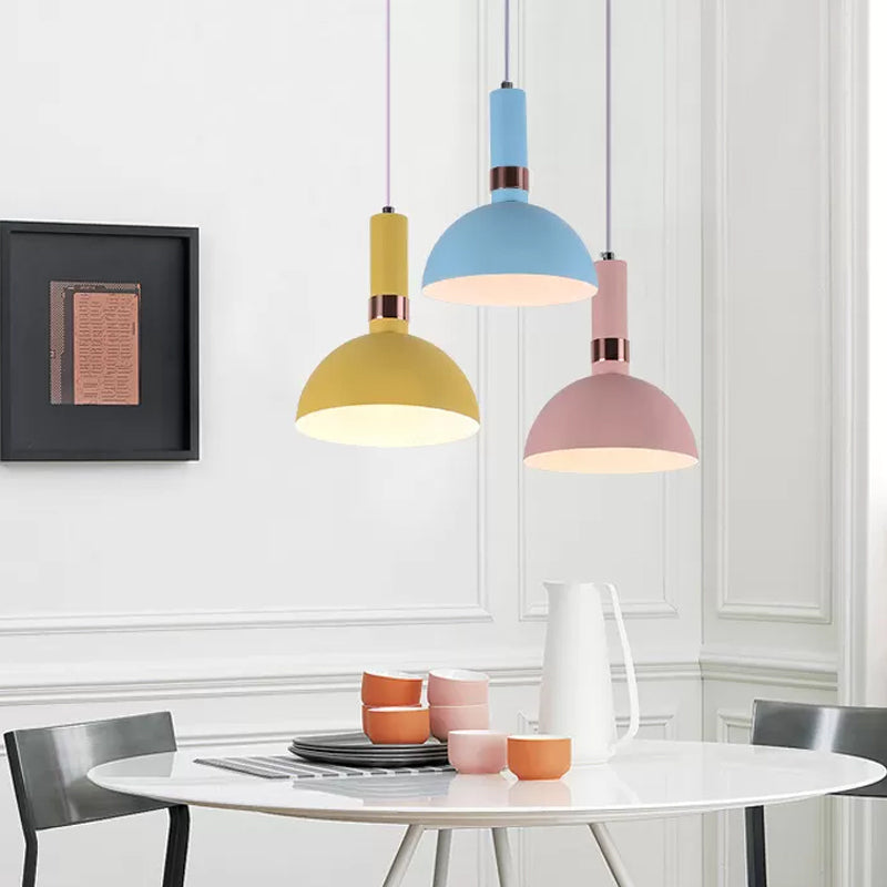 Pink/Yellow/Blue Hemispherical Pendant Macaron 1 Head Metal Suspended Lighting Fixture with Handle