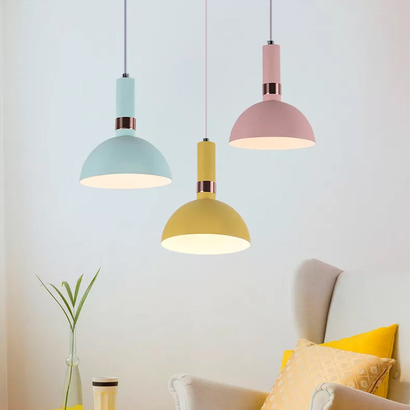 Pink/Yellow/Blue Hemispherical Pendant Macaron 1 Head Metal Suspended Lighting Fixture with Handle