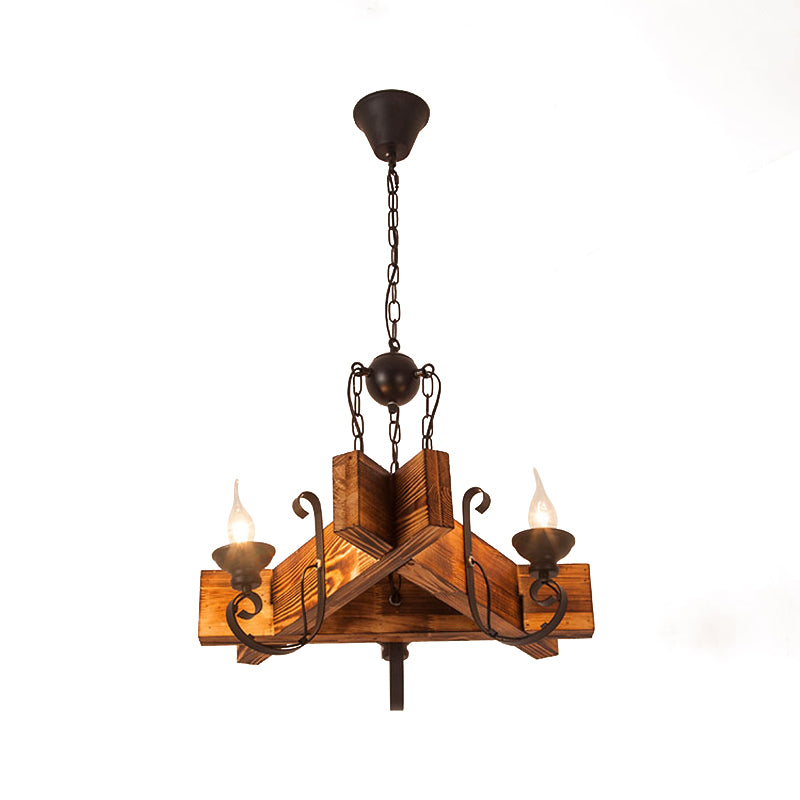 Wooden Triangular/Square Hanging Light Fixture Nautical 3/4/6-Head Restaurant Ceiling Chandelier with Candle in Brown