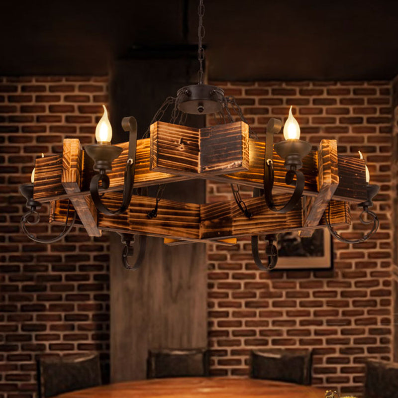 Wooden Triangular/Square Hanging Light Fixture Nautical 3/4/6-Head Restaurant Ceiling Chandelier with Candle in Brown