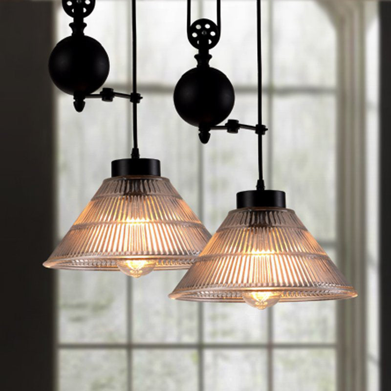 1 Head Ceiling Hang Light Industrial Ribbed Cone Clear Glass Pendant Lamp with Pulley in Black