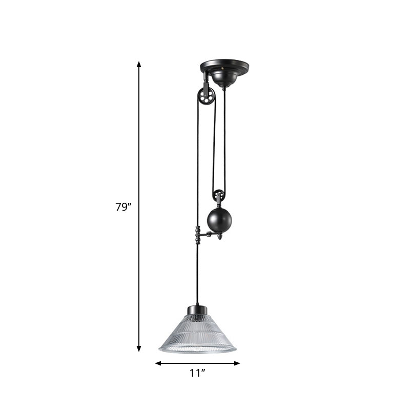 1 Kopfdecke hängen helles industriell geripptes Kegel klares Glas Anhängerlampe mit Riemenscheibe in Schwarz